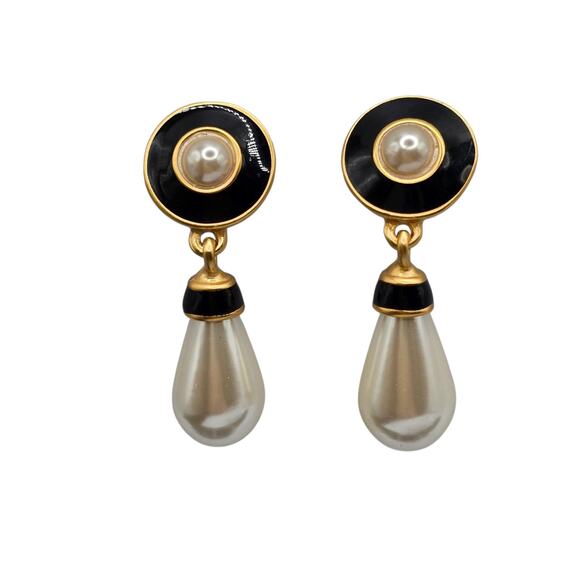 Avon Jewelry - Avon Statement Earrings Gold Tone Faux Pearl Drop Dangle Enamel Post Pair